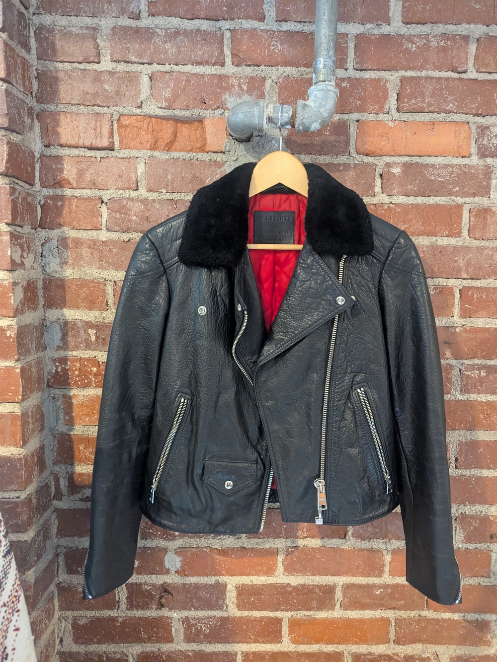 AllSaints Black Leather Biker Jacket with Red Quilted Lining